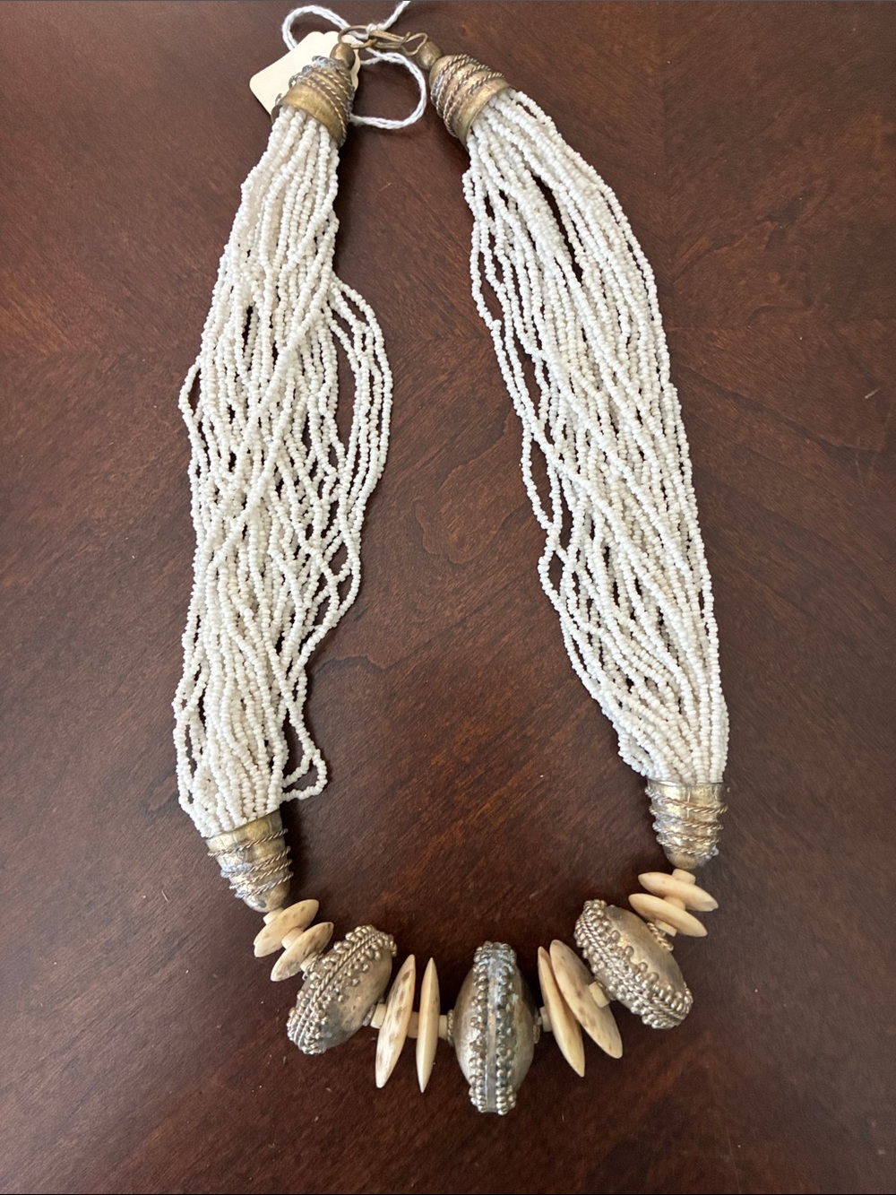 Vintage Handcrafted Cream Beaded Multi-Strand Necklace with Silver Accents